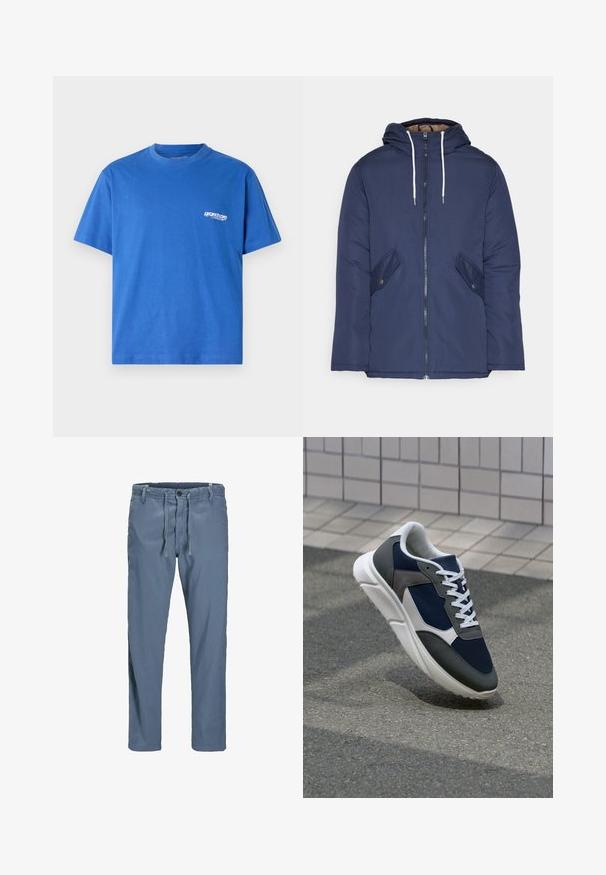 Námornícky modrá vystužená bunda s kapucňou, so zipsom vpredu, dvomi bočnými vreckami s gombíkmi a bielymi šnúrkami.; Modrá bavlnená tričko s krátkymi rukávmi, okrúhlym výstrihom a malým bielym logom na ľavej hrudi. Hladký povrch, štandardný strih.; Modré, ľahké bavlnené nohavice s elastickým pásom, uzatváraním na gombík a bočnými vreckami. Rovný strih, bez viditeľných vzorov.; Tenisky s sieťovinou v námorníckej modrej farbe, so sivými semišovými detailmi, bielou gumovou podrážkou a plochými bielymi šnúrkami, navrhnuté pre pohodlie a priedušnosť.