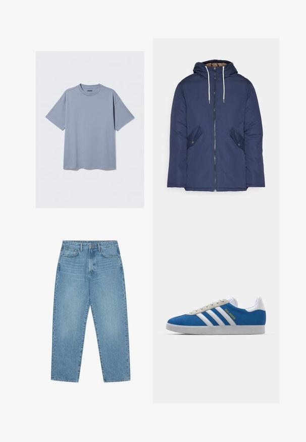 Giacca imbottita blu navy con cappuccio, dotata di zip frontale, due tasche laterali con bottoni e lacci bianchi.; T-shirt azzurro chiaro a maniche corte realizzato in cotone morbido, con scollatura rotonda e vestibilità comoda; presenta dettagli di cucitura minimi.; Jeans a gamba larga in denim azzurro chiaro con vita alta, dotati di cinque tasche, passanti per cintura e una consistenza morbida e leggermente sbiadita.; adidas Originals ADIDAS GAZELLE SHOES - Scarpe da calcio indoor - real madrid/bluebird/footwear white/crew yellow