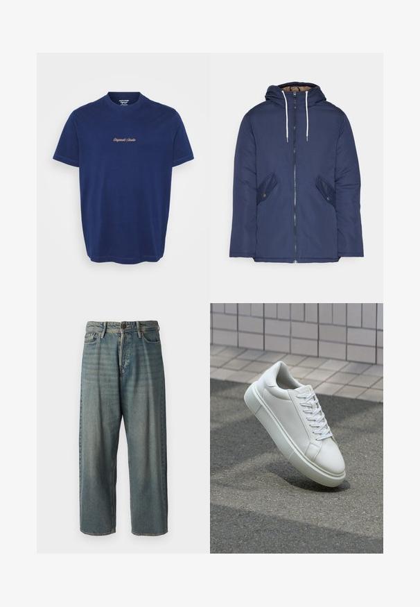 Námorně modrá prošívaná bunda s kapucí, která má přední zip, dvě boční kapsy s knoflíky a bílé šňůrky.; Námořnická modrá bavlněná tričko s kulatým výstřihem a krátkými rukávy; na hrudi vyšitý nápis "Originals Studio" v kontrastní béžové nitě.; Světle modré denimové džíny s volným střihem, středně vysokým pasem a rovnými nohavicemi. Obsahují pět kapes, poutka na opasek a zapínání na knoflík.; Bílé kožené tenisky s hladkým povrchem, kulatou špičkou a plochými bílými tkaničkami. Disponují texturovanou gumovou podrážkou a minimálními designovými prvky.