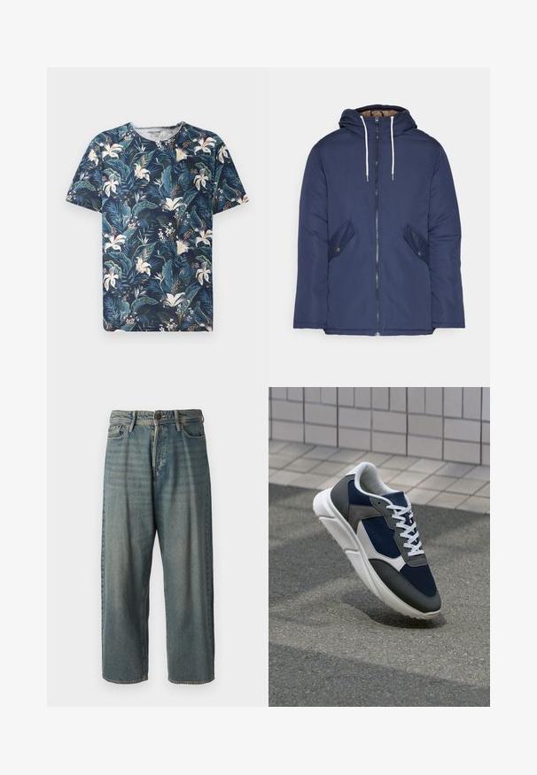 Jūras zila pufīgā jaka ar kapuci, kas aprīkota ar priekšējo rāvējslēdzēju, divām sānu kabatām ar pogām un baltiem aukliņām.; Īspargā piedurkņu jūras zila T-kreklā ar tropisku ziedu un lapu rakstu zaļās un baltās krāsās, izgatavots no mīksta auduma ar apaļu kakla izgriezumu.; Gaiši zili džinsi ar brīvu piegriezumu, vidējo jostas augstumu un taisnām kājām. Satur piecas kabatas, jostas cilpas un pogu aizdari.; Sporta apavi ar tumši zilas krāsas tīkla augšdaļu, pelēku zamšādas akcentiem, baltu gumijas zoli un plakaniem baltiem šņorēm, kas izstrādāti komfortam un elpojamībai.