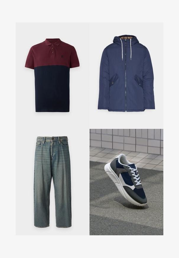 Navy plava podstava jakna s kapuljačom, koja ima prednji patentni zatvarač, dva bočna džepa s gumbima i bijele špage.; Polo majica s gornjim dijelom boje burgundca i donjim dijelom u mornarskoj plavoj, s okovratnikom i tri smeđa gumba. Jednostavan logo na prsima.; Svijetloplave traperice s širokim krojem, srednjim pojasom i ravnim nogavicama. Ima pet džepova, petlje za remen i kopčanje na gumb.; Tenisice s gornjim dijelom od mrežastog materijala tamnoplave boje, siva antilopova naglašavanja, bijela gumena potplat i ravne bijele vezice, dizajnirane za udobnost i prozračnost.