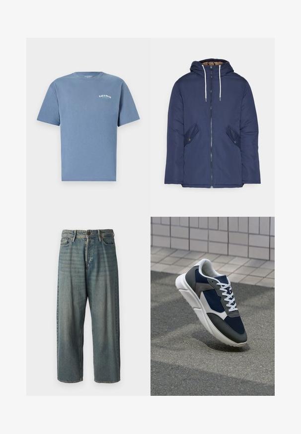 Jūras zila pufīgā jaka ar kapuci, kas aprīkota ar priekšējo rāvējslēdzēju, divām sānu kabatām ar pogām un baltiem aukliņām.; Zila kokvilnas T-krekls ar īsām piedurknēm, apļa kakla izgriezumu un apdrukātu logo kreisajā krūtīs. Maiga tekstūra, brīvs piegriezums.; Gaiši zili džinsi ar brīvu piegriezumu, vidējo jostas augstumu un taisnām kājām. Satur piecas kabatas, jostas cilpas un pogu aizdari.; Sporta apavi ar tumši zilas krāsas tīkla augšdaļu, pelēku zamšādas akcentiem, baltu gumijas zoli un plakaniem baltiem šņorēm, kas izstrādāti komfortam un elpojamībai.