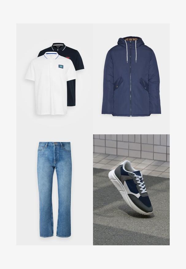 Námorně modrá prošívaná bunda s kapucí, která má přední zip, dvě boční kapsy s knoflíky a bílé šňůrky.; Dvoje polo triček naskládaných na sobě: jedno bílé s modrými akcenty, logem; jedno černé s bílým límečkem, červeným logem. Obě z bavlněné tkaniny.; Světlé modré džínové kalhoty s rovnými nohavicemi, které mají klasický pětikapsový design, zapínání na knoflík a kontrastní prošití.; Tenisky s horní částí z námornicky modré síťoviny, šedými semišovými akcenty, bílou gumovou podrážkou a plochými bílými tkaničkami, navržené pro pohodlí a prodyšnost.