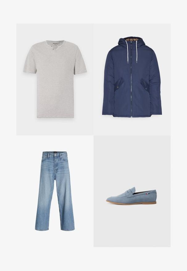 Veste matelassée bleu marine avec capuche, dotée d'une fermeture éclair à l'avant, de deux poches latérales avec boutons et de cordons de serrage blancs.; T-shirt à manches courtes, rayé gris et blanc, avec un col rond et deux boutons au niveau du cou. Tissu doux avec une coupe décontractée.; Jean large bleu clair en denim, avec une taille haute, un design classique à cinq poches, et une fermeture à bouton avec zip.; Mocassin en suede bleu clair avec une texture lisse, des coutures décoratives et une semelle en caoutchouc brun. Présente un design à fente pour une pièce de monnaie sur le dessus.