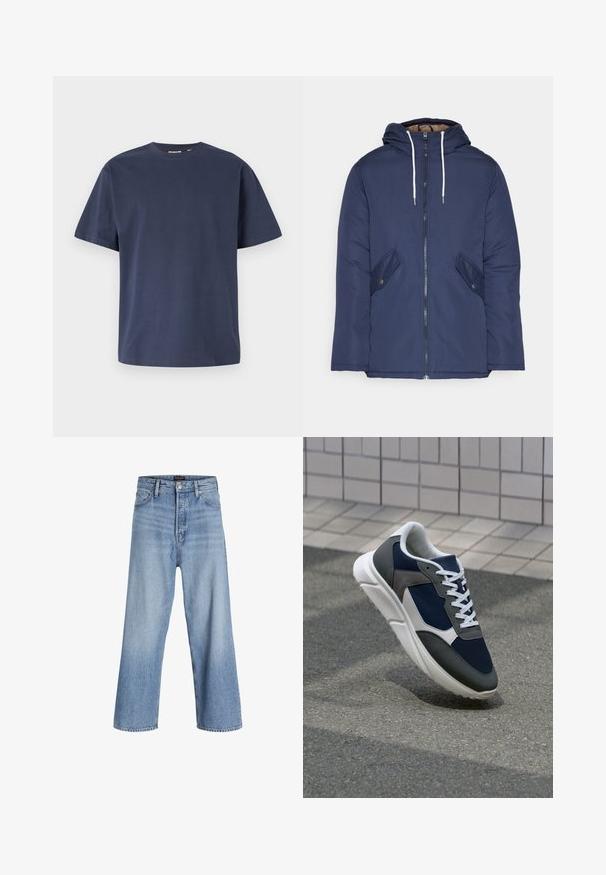 Námornícky modrá vystužená bunda s kapucňou, so zipsom vpredu, dvomi bočnými vreckami s gombíkmi a bielymi šnúrkami.; Námornícka modrá bavlnená tričko s okrúhlym výstrihom a krátkymi rukávmi. Hladká textúra, rovný strih a minimálne švy, ktoré poskytujú klasický dizajn.; Svetlo modré rifľové nohavice s širokými nohavicami a vysokým pásom, s gombíkovým zapínaním, dizajnom s piatimi vreckami a jemným vyblednutím. Čistý lem.; Tenisky s sieťovinou v námorníckej modrej farbe, so sivými semišovými detailmi, bielou gumovou podrážkou a plochými bielymi šnúrkami, navrhnuté pre pohodlie a priedušnosť.
