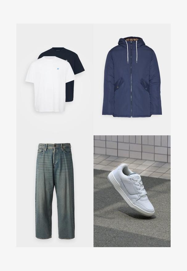 Navy blue padded jacket with a hood, featuring a front zipper, two side pockets with buttons, and white drawstrings.; Two T-shirts: one white with a small blue logo, one navy with a matching logo. Both are cotton, featuring crew necks and short sleeves.; Light blue denim jeans with a loose fit, mid-rise waist, and straight legs. Features five pockets, belt loops, and a button closure.; White leather sneaker with perforated sides, textured accents, flat laces, and a contrasting gray heel. Features a slightly elevated sole.