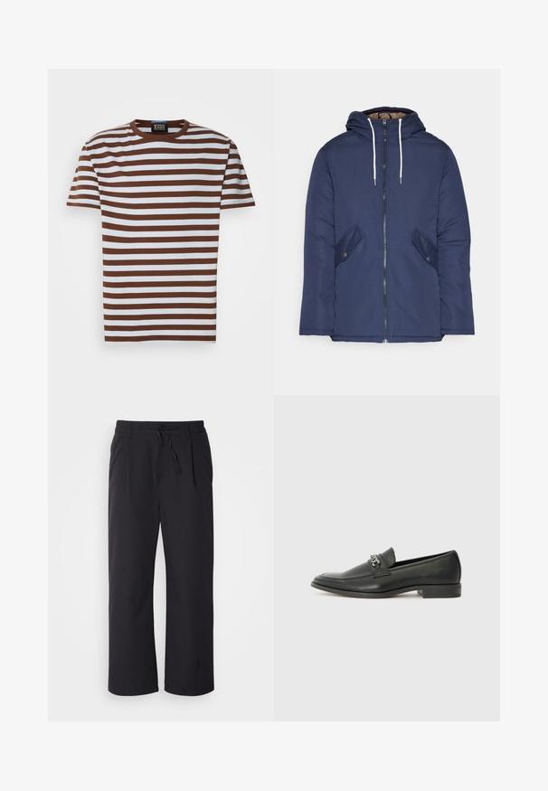 Námorně modrá prošívaná bunda s kapucí, která má přední zip, dvě boční kapsy s knoflíky a bílé šňůrky.; Hnědo-bílý pruhovaný tričko s kulatým výstřihem, krátkými rukávy a žebrovanou texturou. Štítek viditelný na výstřihu.; Široké kalhoty z texturované černé látky s elastickým pasem na stažení, s dvěma předními kapsami a rovně střiženým designem.; Černé kožené mokasíny s hladkým povrchem, s prošívaným designem a dekoračním kovovým řetízkem přes nárt. Plochý podpatek.