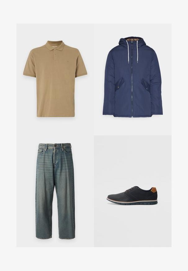 Veste matelassée bleu marine avec capuche, dotée d'une fermeture éclair à l'avant, de deux poches latérales avec boutons et de cordons de serrage blancs.; Polo de couleur khaki en coton, avec un col, une patte de boutonnage à deux boutons, des manches courtes et un petit logo sur la poitrine. Texture lisse.; Jeans en denim bleu clair avec une coupe ample, taille mi-haute et jambes droites. Comprend cinq poches, des passants de ceinture et une fermeture à bouton.; Chaussures synthétiques noires avec un dessus texturé, accents lisses, talon marron et semelle contrastante. Présente un laçage minimal et des détails de couture.