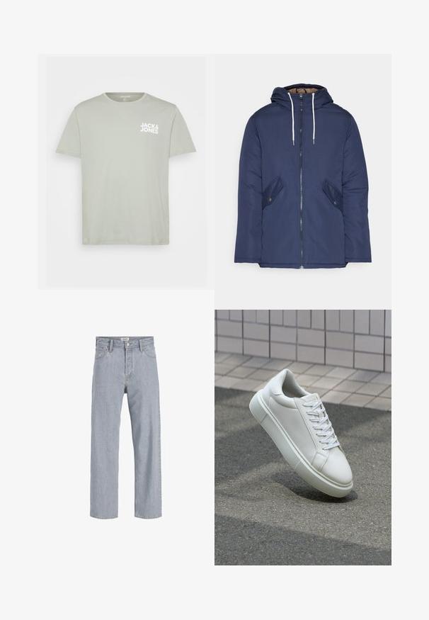 Jūras zila pufīgā jaka ar kapuci, kas aprīkota ar priekšējo rāvējslēdzēju, divām sānu kabatām ar pogām un baltiem aukliņām.; Īsām piedurknēm, gaiši zaļš kokvilnas T-krekls ar apaļu izgriezumu un baltu "JACK & JONES" logo, kas drukāts kreisajā krūtī.; Gai zils džinsu audums ar brīvu piegriezumu, taisnu kāju dizainu, redzamām šuvēm, divām priekšējām kabatām un pogu aizdari.; Baltas ādas sporta apavi ar gludu virsmu, apaļu pirkstu un plakanām baltām šņorēm. Iezīmējas ar strukturētu gumijas zoli un minimālisma dizaina elementiem.