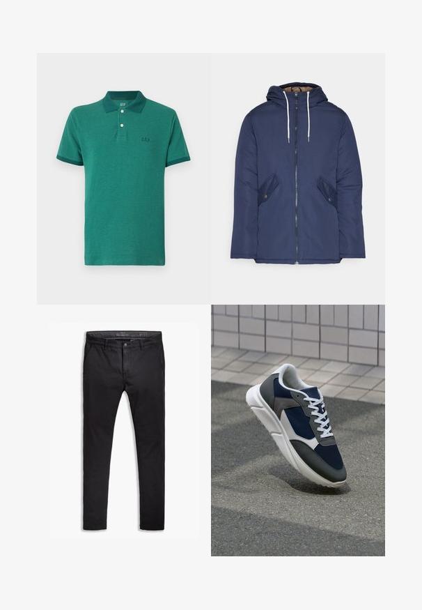 Mornarsko modra podložena jakna s kapuco, ki ima sprednji zadrgo, dva stranska žepa s gumbi in bele vrvice.; Zelena polo majica iz teksturiranega materiala, z gumbasto ovratnikom, kratkimi rokavi in majhnim logotipom na prsih.; Črne bombažne chinos hlače s ozkim krojem, ki imajo pet žepov, pasne zanke in gladko teksturo. Zadrga in gumb za zapiranje.; Superge z zgornjim delom iz mrežaste tkanine v mornarsko modri barvi, sivi usnjeni poudarki, belo gumijasto podplato in ravnimi belimi vezalkami, zasnovane za udobje in zračnost.
