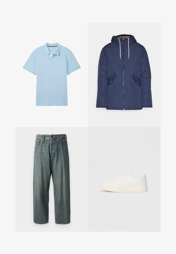 Navy plava podstava jakna s kapuljačom, koja ima prednji patentni zatvarač, dva bočna džepa s gumbima i bijele špage.; Svijetloplavi polo majica izrađena od glatkog materijala. Ima klasičan ovratnik, kratke rukave i mali logo na lijevoj strani prsnog koša.; Svijetloplave traperice s širokim krojem, srednjim pojasom i ravnim nogavicama. Ima pet džepova, petlje za remen i kopčanje na gumb.; Bijele slip-on tenisice s teksturiranom površinom, debelim đonom i minimalističkim dizajnom. Sadrže logo branda sa strane.