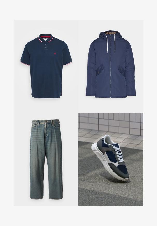 Jūras zila pufīgā jaka ar kapuci, kas aprīkota ar priekšējo rāvējslēdzēju, divām sānu kabatām ar pogām un baltiem aukliņām.; Tumši zils polo krekls, kas izgatavots no kokvilnas, ar trīs pogām, sarkanu un baltu svītru apkakli un mazu sarkanu logotipu uz krūtīm.; Gaiši zili džinsi ar brīvu piegriezumu, vidējo jostas augstumu un taisnām kājām. Satur piecas kabatas, jostas cilpas un pogu aizdari.; Sporta apavi ar tumši zilas krāsas tīkla augšdaļu, pelēku zamšādas akcentiem, baltu gumijas zoli un plakaniem baltiem šņorēm, kas izstrādāti komfortam un elpojamībai.