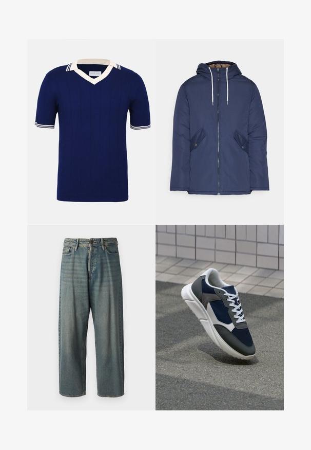 Marineblau gepadded Jacke mit Kapuze, ausgestattet mit einem Reißverschluss vorne, zwei seitlichen Taschen mit Knöpfen und weißen Kordeln.; Dunkelblaues, gestricktes Rugbyhemd mit V-Ausschnitt und kurzen Ärmeln. Verfügt über einen weißen Kragen und Streifenakzente an den Ärmeln sowie vertikales Rippmuster.; Helle blaue Denim-Jeans mit lockerer Passform, mittelhoher Taille und geraden Beinen. Hat fünf Taschen, Gürtelschlaufen und einen Knopfverschluss.; Sneaker mit einem Obermaterial aus navyblauem Mesh, grauen Wildlederelementen, einer weißen Gummisohle und flachen weißen Schnürsenkeln, entworfen für Komfort und Atmungsaktivität.