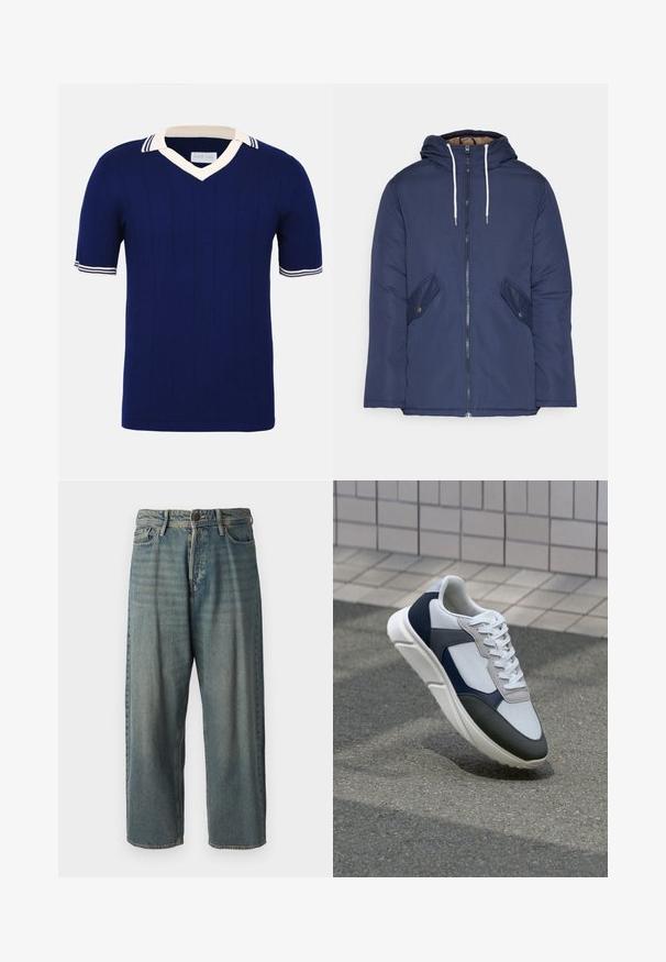 Námorně modrá prošívaná bunda s kapucí, která má přední zip, dvě boční kapsy s knoflíky a bílé šňůrky.; Námořnické modré pletené ragbyové tričko s výstřihem do V a krátkými rukávy. Má bílý límec a pruhové akcenty na rukávech, s vertikálním žebrováním.; Světle modré denimové džíny s volným střihem, středně vysokým pasem a rovnými nohavicemi. Obsahují pět kapes, poutka na opasek a zapínání na knoflík.; Bílé, námořnické a šedé tenisky s kombinovaným materiálovým designem, který zahrnuje texturovaný svršek, ploché šňůrky a polstrovanou podešev.