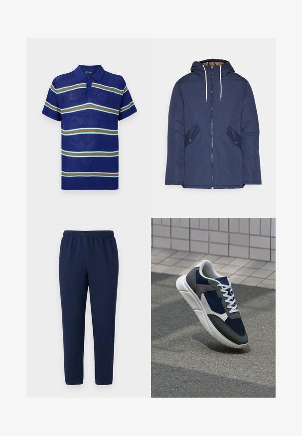 Sötétkék bélelt dzseki kapucnival, elülső cipzárral, két oldalsó zsebbel gombokkal és fehér húzózsinórokkal.; Kék kötött pólóing rövid ujjal, fehér, zöld és piros vízszintes csíkokkal, három gombos záródással.; Tengerészkék, puha pamut keverékből készült melegítőnadrág, rugalmas derékpánttal és szűkülő lábakkal, látható minták vagy díszítések nélkül.; Cipő, amelynek sötétkék hálós felsőrésze, szürke velúr díszítései, fehér gumitalpa és lapos fehér fűzője van, a kényelem és a légáteresztő képesség érdekében tervezve.