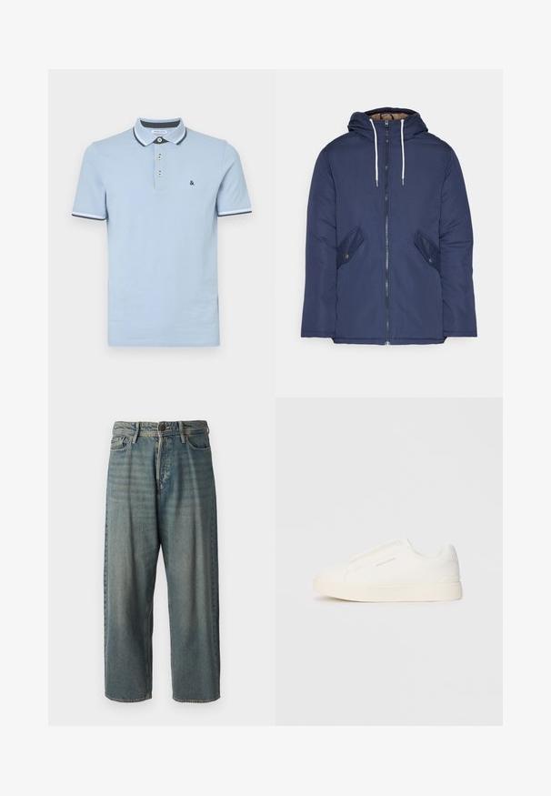 Marineblå polstret jakke med hette, med glidelås foran, to sidelommer med knapper og hvite snorer.; Lyseblå poloskjorte laget av bomull, med tre knappelukking, kontrastfarget krage og ribbede mansjetter med mørkeblå detaljer.; Lyseblå denimjeans med løs passform, midjehøyde og rette ben. Har fem lommer, beltehemper og knappelukking.; Hvite slip-on joggesko med teksturert overflate, tykk såle og minimalistisk design. Har merkevarelogo på siden.