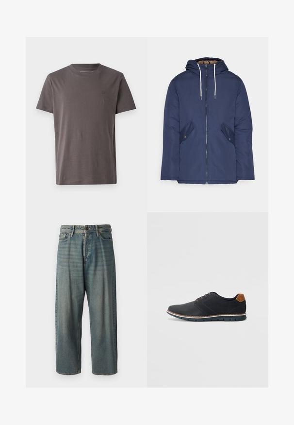 Casaco acolchoado azul-marinho com capuz, apresentando um fecho frontal com zíper, dois bolsos laterais com botões e cordões brancos.; Camiseta de manga curta com gola redonda em cinza escuro, feita de algodão suave, apresentando um logótipo discreto no peito e um ajuste regular.; Jeans de ganga azul claro com um corte solto, cintura média e pernas retas. Apresenta cinco bolsos, passadores de cinto e fecho com botão.; Sapatos sintéticos pretos com um upper texturizado, pormenores lisos, salto castanho e uma sola contrastante. Apresentam um sistema de atacadores mínimo e detalhes de costura.