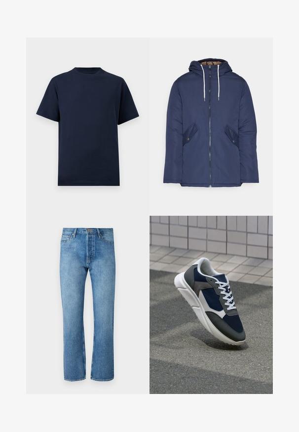 Jūras zila pufīgā jaka ar kapuci, kas aprīkota ar priekšējo rāvējslēdzēju, divām sānu kabatām ar pogām un baltiem aukliņām.; Tumši zila kokvilnas T-kreklis ar apaļu kaklu, īsām piedurknēm un taisnu apakšmalu, kura raksturojums ir gluda tekstūra un bez redzamām rakstām vai akcentiem.; Gai zili džinsi ar taisnu kāju griezumu, ar klasisku piecu kabatu dizainu, pogu aizdari un kontrastējošu dūrienu.; Sporta apavi ar tumši zilas krāsas tīkla augšdaļu, pelēku zamšādas akcentiem, baltu gumijas zoli un plakaniem baltiem šņorēm, kas izstrādāti komfortam un elpojamībai.