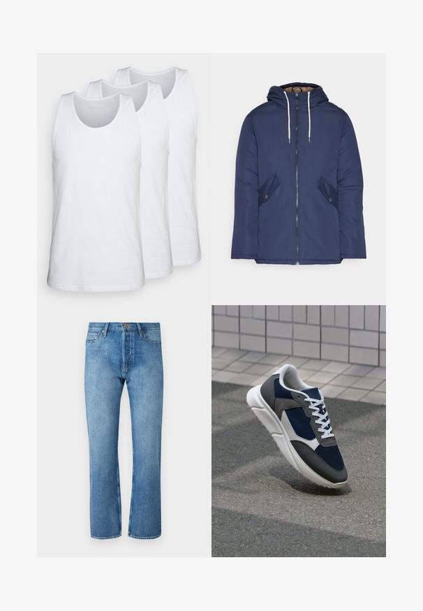 Marineblauwe gewatteerde jas met een capuchon, voorzien van een rits aan de voorkant, twee zijzakken met knopen en witte trekkoorden.; Verpakking van drie witte tanktops van katoen, met een ronde halslijn en mouwloos ontwerp, gladde textuur en standaard pasvorm.; Lichtblauwe denimjeans met een recht model, voorzien van een klassieke vijf-pocketontwerp, een knoopsluiting en contrasterende stiksels.; Sneaker met een marineblauwe mesh bovenwerk, grijze suède accenten, witte rubberen zool en platte witte veters, ontworpen voor comfort en ademend vermogen.