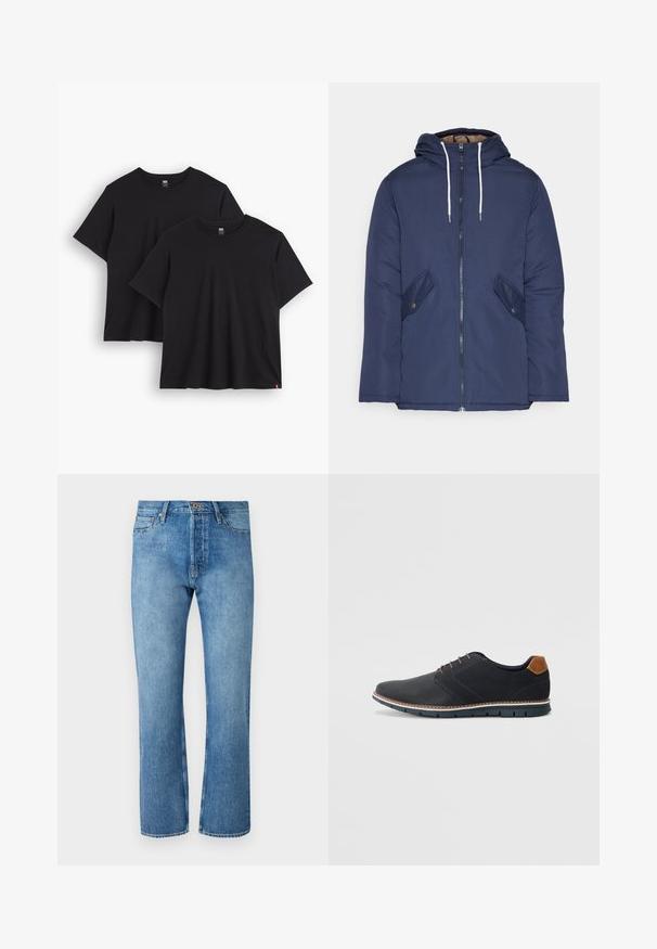 Navy blue padded jacket with a hood, featuring a front zipper, two side pockets with buttons, and white drawstrings.; Two black cotton t-shirts with short sleeves, round necklines, and a relaxed fit. Each features a small woven label at the hem.; Light blue denim jeans with a straight-leg cut, featuring a classic five-pocket design, a button closure, and contrasting stitching.; Black synthetic shoes with a textured upper, smooth accents, brown heel, and a contrasting sole. Features minimal lacing and stitch details.