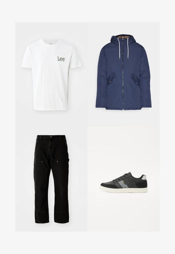 Jūras zila pufīgā jaka ar kapuci, kas aprīkota ar priekšējo rāvējslēdzēju, divām sānu kabatām ar pogām un baltiem aukliņām.; Balts kokvilnas t-krekls ar mazu zaļu "Lee" logotipu kreisajā krūšu daļā. Klassiska apaļa kakla izgriezuma forma un īsās piedurknes, gluda tekstūra.; Melnas denim bikses ar brīvu piegriezumu, kurām ir divas priekšējās kabatas, sānu kabatas un redzamas šuvju detaļas.; Melns un pelēks zemā tipa sporta apavi ar baltu zoli, šņorēm un "Lee" logo sānu panelī uz balta fona.