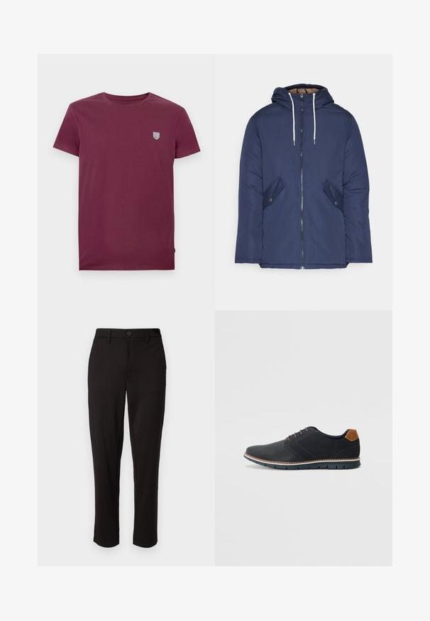 Tumesinine vahtkatseline jakk, millel on kapuuts, esilukk, kaks küljetaskut nupuga ja valged tõmblukud.; Burgundia puuvillane t-särk ümmarguse kaelusega ja lühikeste varrukatega. Omab väikest kilbi logo vasakul ülal rinnal. Sile tekstuur.; Mustad mustad kerge kangaga püksid, sirge säärega, ees nupuga sulgemisega, vöökoha silmadega ja küljetaskutega.; Mustavad sünteetilised jalatsid tekstureeritud pealsega, siledad aktsendid, pruun kand ja kontrastne tall. Omab minimaalset lukkude ja õmbluste dekoratsiooni.