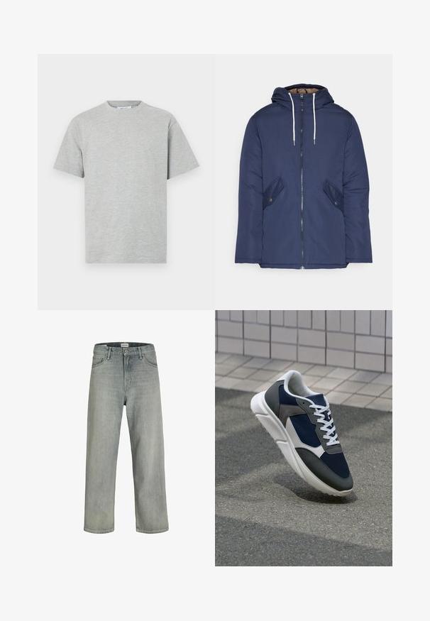 Granatowa pikowana kurtka z kapturem, z zamkiem z przodu, dwoma bocznymi kieszeniami z guzikami oraz białymi sznurkami.; Szara bawełniana koszulka z okrągłym dekoltem, krótkimi rękawami i luźnym krojem. Gładka struktura bez widocznych wzorów czy akcentów.; Jasnoszare, luźne dżinsy wykonane z denimu. Posiadają klasyczny pięcio-kieszeniowy krój, szlufki na pasek oraz prostą nogawkę.; Sneakers z granatową siateczkową cholewką, szarymi zamszowymi akcentami, białą gumową podeszwą i płaskimi białymi sznurówkami, zaprojektowane z myślą o komforcie i wentylacji.
