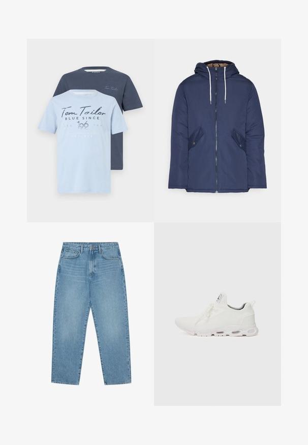Mornarsko modra podložena jakna s kapuco, ki ima sprednji zadrgo, dva stranska žepa s gumbi in bele vrvice.; Dve majice iz Tom Tailor: ena svetlo modra z grafičnim tiskom, in ena temno modra. Obe imata krogec in kratke rokave.; Pier One Ohlapne kavbojke - dark blue denim; Bela atletska obuća z značilnom pletenom gornjom stranom, ravnim vezicama i podlogom s jastučićem koja ima vidljive zračne komore za dodatnu potporu.