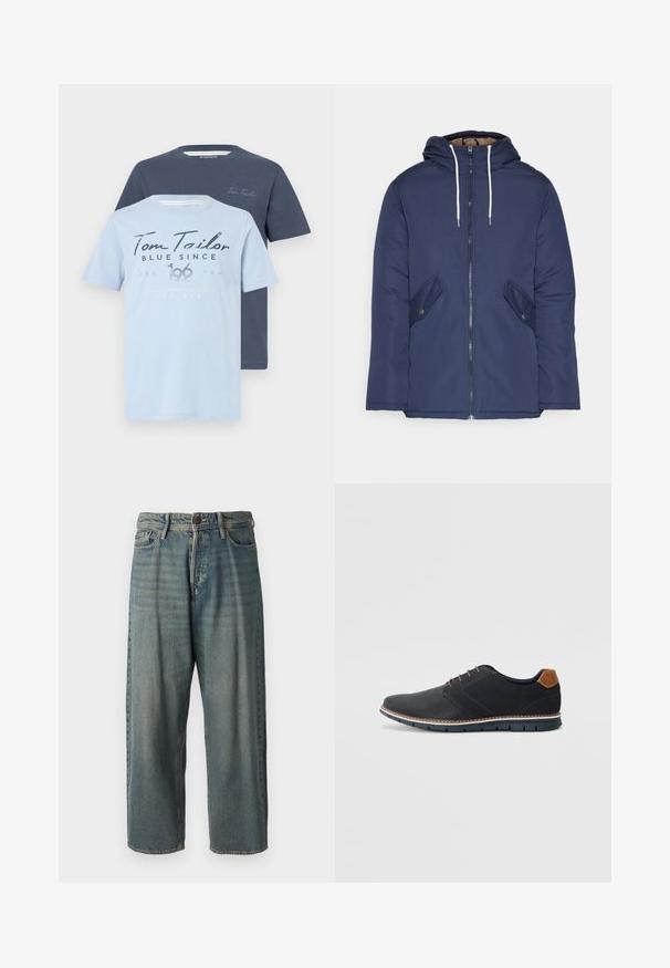 Jūrinė mėlyna pūkinė striukė su kapišonu, turinti priekinį užtrauktuką, dvi šonines kišenes su sagomis ir baltus raiščius.; Du pavidalai marškinėlių iš Tom Tailor: vieni šviesiai mėlyni su grafikų spausdinimu, o kiti tamsiai mėlyni. Abu turi apvalią apykaklę ir trumpas rankoves.; Šviesiai mėlyni džinsai su laisvu siluetu, vidutinio aukščio juosmeniu ir tiesiomis kojomis. Su penkiais kišenėmis, diržo kilpo ir mygtukų uždarymu.; Juodi sintetiniai batai su tekstūruotu paviršiumi, lygiomis detalėmis, ruda kulna ir kontrastingu padu. Yra minimalus raištelių užsidėjimas ir siuvimo detalės.
