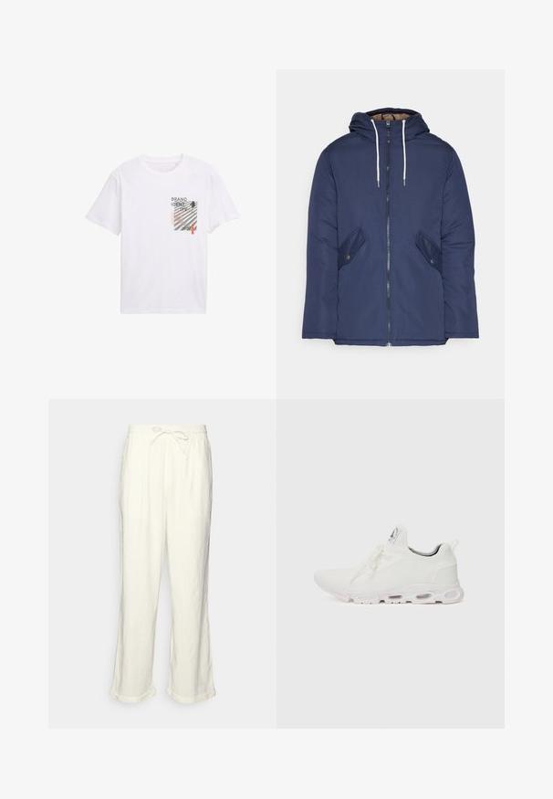 Marineblauwe gewatteerde jas met een capuchon, voorzien van een rits aan de voorkant, twee zijzakken met knopen en witte trekkoorden.; Witte katoenen t-shirt met een vooraanzicht grafiek met de tekst "BRAND IDENTITY", zwarte en rode accenten, en een rechthoekig designelement.; Linnen broek in gebroken wit met een trekkoord in de taille, iets wijde pijpen en opgerolde manchetten voor een relaxte pasvorm. Geen zakken.; Witte sportieve schoenen met een gestructureerde gebreide bovenkant, platte veters en een gevoerde zool met zichtbare luchtkamers voor extra ondersteuning.