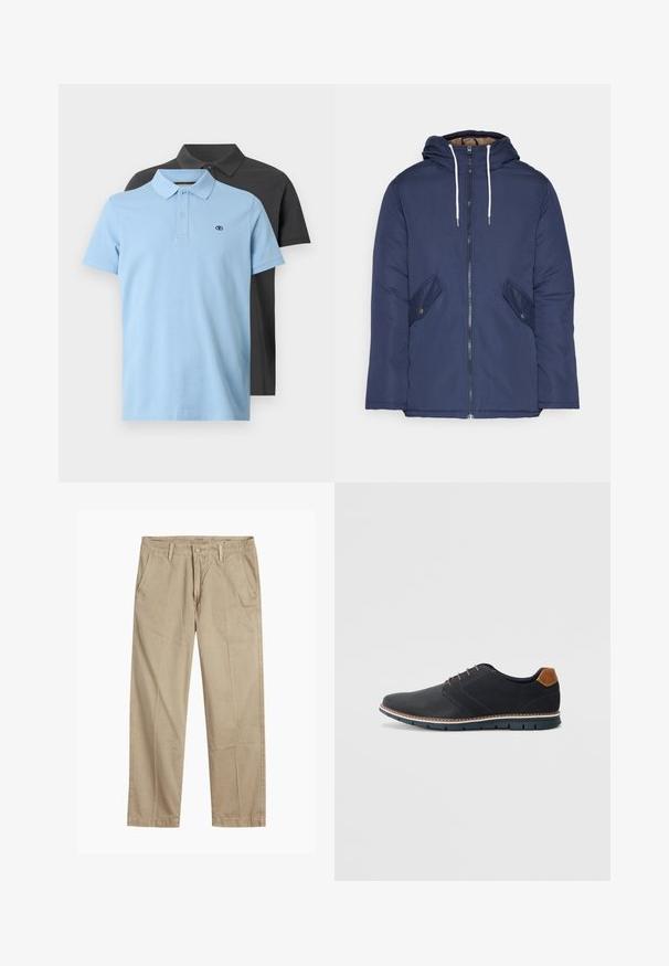 Mørkeblå polstret jakke med hætte, fremhævet af en frontlynlås, to sidelommer med knapper og hvide snore.; To polo shirts: en lys blå med krave og knapper, og en mørk grå. Begge har et lille logo på brystet og korte ærmer.; Beige lige ben chinos med bæltestropper, frontknap og lynlås lukning samt skrå frontlommer.; Sorte syntetiske sko med en tekstureret overdel, glatte accenter, brun hæl og en kontrasterende sål. Har minimale snørebånd og syningsdetaljer.