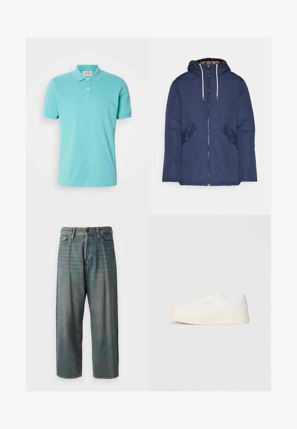 Námornícky modrá vystužená bunda s kapucňou, so zipsom vpredu, dvomi bočnými vreckami s gombíkmi a bielymi šnúrkami.; Tyrkysová polo tričko, bavlnený materiál, krátke rukávy, dvojtlačidlová légia, jemne vyšívané logo na hrudi, hladká textúra.; Svetlomodré denimové nohavice so voľným strihom, stredne vysokým pásom a rovnými nohavicami. Obsahujú päť vreciek, pútka na opasok a zapínanie na gombík.; Biele slip-on tenisky s textúrovaným povrchom, hrubou podrážkou a minimalistickým dizajnom. Obsahuje logo značky na boku.