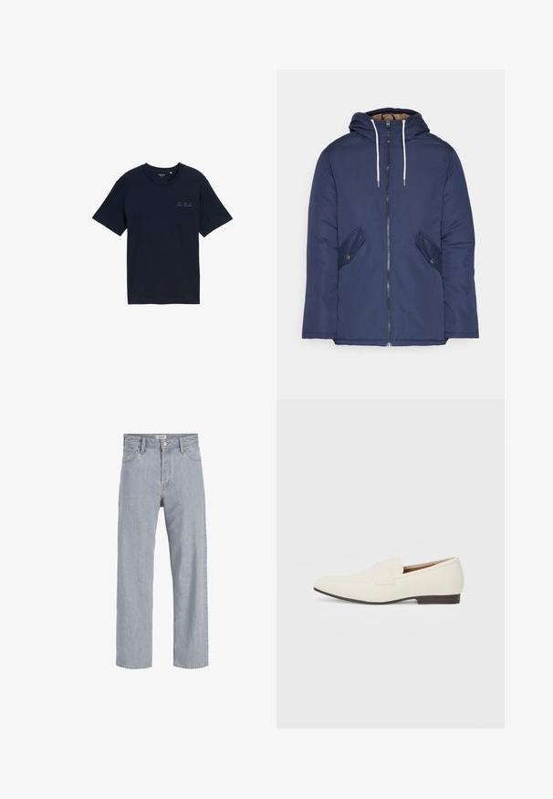 Jachetă căptușită bleu marin cu glugă, având un fermoar frontal, două buzunare laterale cu nasturi și șnururi albe.; Tricou scurt cu maneca scurta de culoare albastru marin, fabricat din bumbac. Guler rotund cu un logo imprimat de culoare gri deschis pe pieptul stâng. Textură moale, croi standard.; Jeanși din denim bleu deschis cu o croială lejeră, design cu picior drept, cusături vizibile, două buzunare frontale și închidere cu nasture.; Loafers bej cu un vârf ascuțit, dintr-un material neted, cu o bandă peste vamp și o talpă joasă maro. Design simplu cu accente minime.