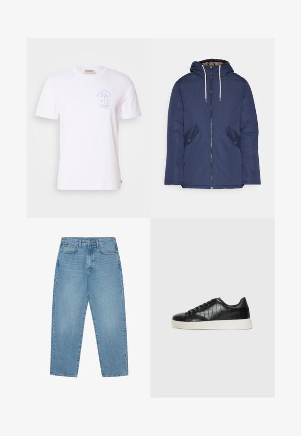 Marineblå polstret jakke med hette, med glidelås foran, to sidelommer med knapper og hvite snorer.; Hvit bomull t-skjorte med kort ermer og rund hals. Har et lyseblått grafisk trykk av en strandscene på venstre bryst.; Lyseblå denim brede benbukser med høy midje, som har fem lommer, beltehemper og en myk, lett falmet tekstur.; Svarte joggesko med en teksturert krokodille-embossed læroverdel, rund tå og en kontrasterende hvit gummisåle med en glatt overflate.