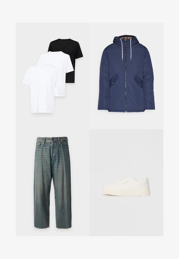 Marineblå polstret jakke med hette, med glidelås foran, to sidelommer med knapper og hvite snorer.; Tre korte ermer t-skjorter: to hvite og en svart. Laget av bomull, med rund hals og en enkel, klassisk design.; Lyseblå denimjeans med løs passform, midjehøyde og rette ben. Har fem lommer, beltehemper og knappelukking.; Hvite slip-on joggesko med teksturert overflate, tykk såle og minimalistisk design. Har merkevarelogo på siden.
