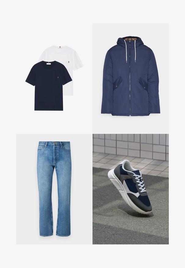 Námornícky modrá vystužená bunda s kapucňou, so zipsom vpredu, dvomi bočnými vreckami s gombíkmi a bielymi šnúrkami.; Pier One 2 PACK  - Základné tričko - sky captain/bright white; Svetlomodré riflové nohavice s rovnými nohavicami, ktoré majú klasický dizajn s piatimi vreckami, zapínanie na gombík a kontrastné prešívanie.; Tenisky s sieťovinou v námorníckej modrej farbe, so sivými semišovými detailmi, bielou gumovou podrážkou a plochými bielymi šnúrkami, navrhnuté pre pohodlie a priedušnosť.