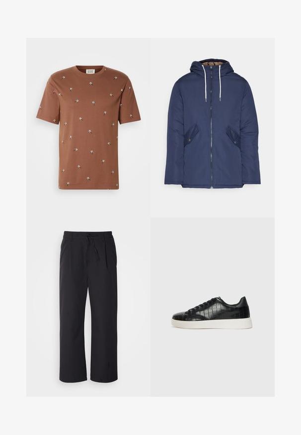 Navy blue padded jacket with a hood, featuring a front zipper, two side pockets with buttons, and white drawstrings.; Brown cotton t-shirt with short sleeves, featuring scattered black and white palm tree embroidery throughout. Classic crew neck design.; Wide-leg pants in textured black fabric with a drawstring waistband, featuring two front pockets and a straight cut design.; Black sneakers featuring a textured croc-embossed leather upper, rounded toe, and a contrasting white rubber sole with a smooth finish.