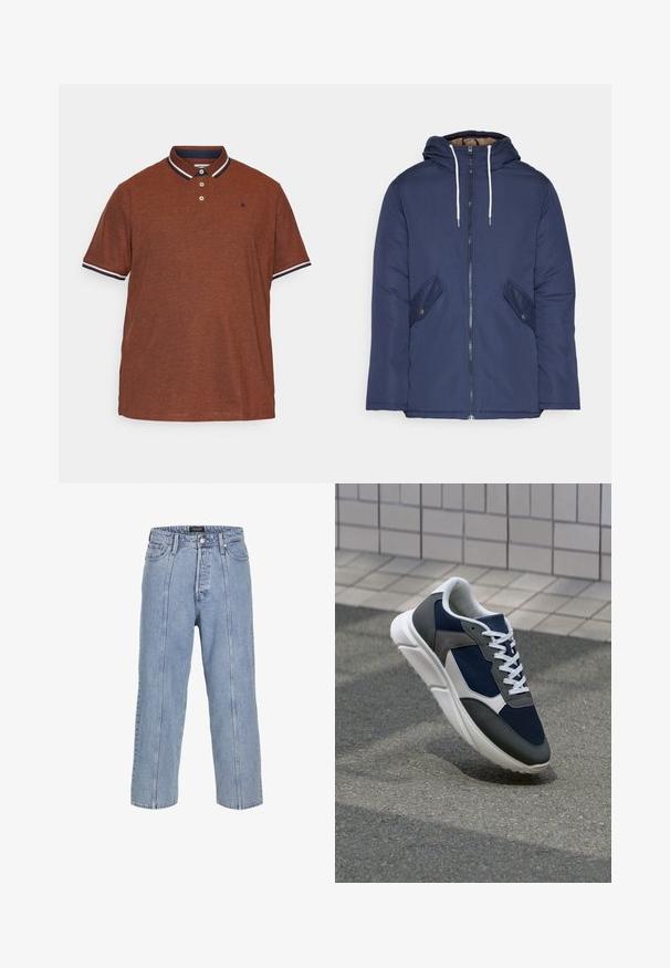 Laivasilkkinen vuorattu takki hupulla, jossa on etuvetoketju, kaksi nappikiinnityksellä varustettua sivutaskua ja valkoiset nyörit.; Ruskea polo-paita, joka on valmistettu tekstuuripinnoitteisesta kankaasta. Paidassa on tummansininen kaulus, jossa on valkoinen reuna, kolme nappia ja pieni logo rinnassa.; Vaaleansiniset farkut, joissa on löysä istuvuus, leveät lahkeet ja näkyvät ompelu részletek. Sisältää napin ja vetoketjun sulkemisen, viisi taskua.; Kengät, joissa on tummansininen verkkopäällinen, harmaat mokka-yksityiskohdat, valkoinen kumipohja ja litteät valkoiset nauhat, suunniteltu mukavuutta ja hengittävyyttä varten.