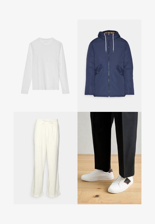 Jachetă căptușită bleu marin cu glugă, având un fermoar frontal, două buzunare laterale cu nasturi și șnururi albe.; Tricou alb cu mânecă lungă, realizat din bumbac moale, cu decolteu rotund și textură netedă, fără modele sau accente vizibile.; Pantaloni din in, de culoare albă-crem, cu un tiv elastic la talie, piciorușe ușor largi și manșete răsucite pentru un stil relaxat. Fără buzunare.; Sneakers albe cu textură netedă, având accente din piele maro și detalii negre, asociate cu pantaloni negri pe măsură. Fundal din podea din lemn.