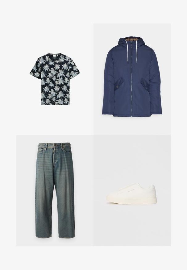 Sötétkék bélelt dzseki kapucnival, elülső cipzárral, két oldalsó zsebbel gombokkal és fehér húzózsinórokkal.; Rövid ujjú tengerészkék póló, fehér és világoskék pálmafával mintázva. Puha anyagból készült, kerek nyakkal és laza fazonnal.; Világoskék farmernadrág, laza fazonnal, közepes derékbőséggel és egyenes szárral. Öt zsebet, övbucskát és gombos záródást tartalmaz.; Fehér slip-on sportcipők texturált felülettel, vastag talppal és minimalista dizájnnal. Az oldalon a márka logója található.
