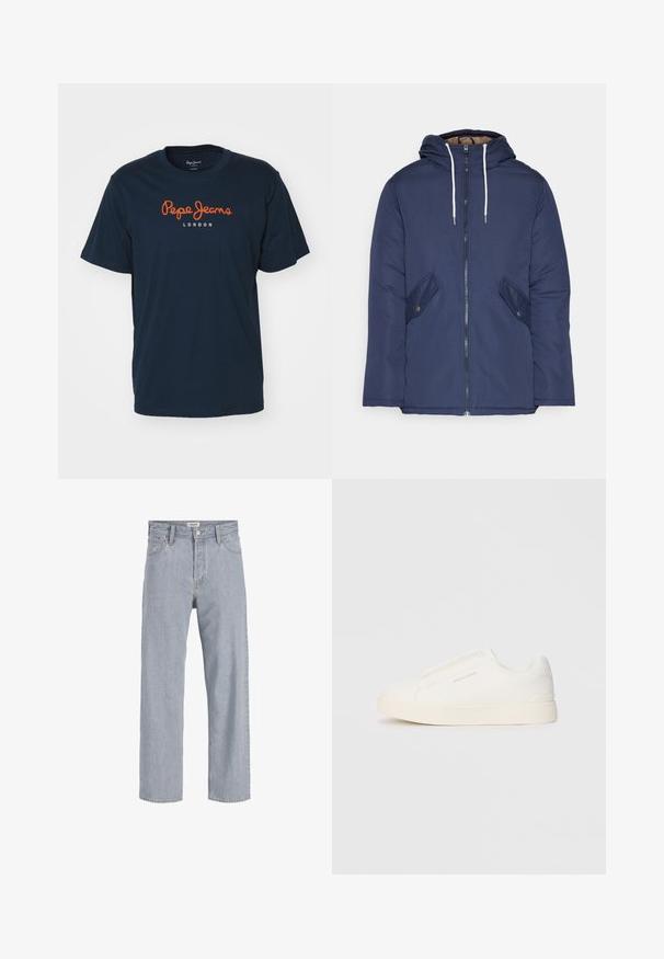 Σακάκι ναυτικού μπλε με επένδυση και κουκούλα, με φερμουάρ μπροστά, δύο πλάγιες τσέπες με κουμπιά και λευκές κορδόνες.; Σαρκωτό μπλούζα κοντού μανικιού από βαμβάκι σε ναυτικού μπλε χρώμα, με πορτοκαλί λογότυπο "Pepe Jeans" και κείμενο "LONDON", στρογγυλή λαιμόκοψη.; Ανοιχτό μπλε τζιν παντελόνι με χαλαρή εφαρμογή, ίσια γραμμή, εμφανή ραφή, δύο μπροστινές τσέπες και κλείσιμο με κουμπί.; Λευκά slip-on παπούτσια με υφή, παχύ πάτο και μινιμαλιστικό σχέδιο. Φέρει το λογότυπο της μάρκας στο πλάι.