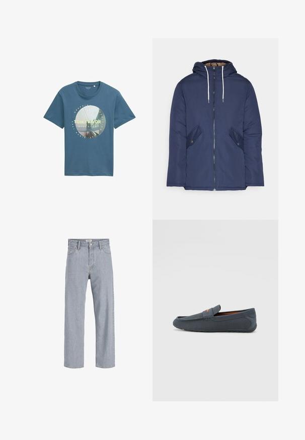 Mornarsko modra podložena jakna s kapuco, ki ima sprednji zadrgo, dva stranska žepa s gumbi in bele vrvice.; Modra bombažna majica s krožnim grafičnim tiskom ter besedilom "Tom Tailor" v rumeni barvi. Kratki rokavi, okrogla odprtina za vrat in sproščen kroj.; Svetlo modri kavbojki s sproščenim krojem, naravnost oblikovani nogi, vidnimi šivi, dvema sprednjima žepoma in gumbnim zapiranjem.; Sive perforirane loferice z običajnim zapiranjem, ki imajo oranžen akcent, okroglo konico in teksturiran gumijast podplat.