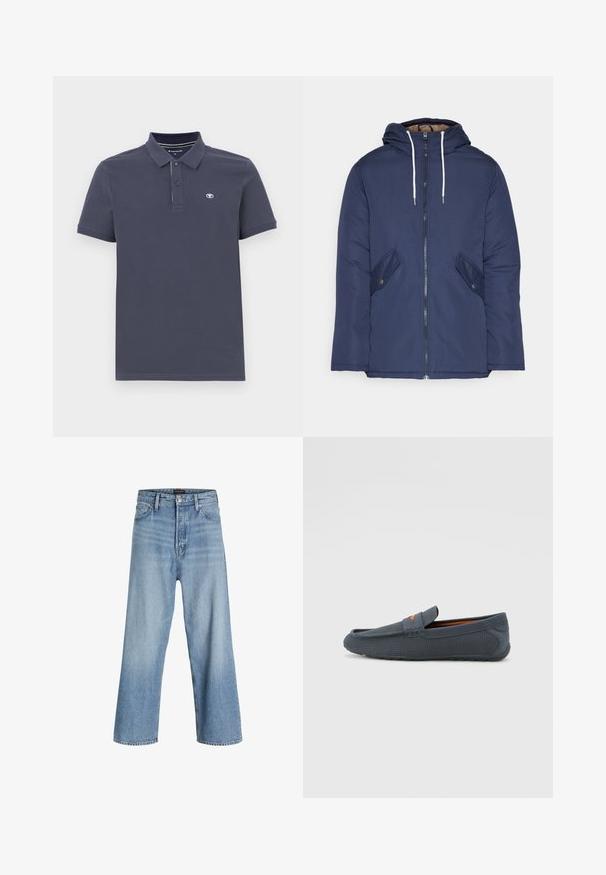 Granatowa pikowana kurtka z kapturem, z zamkiem z przodu, dwoma bocznymi kieszeniami z guzikami oraz białymi sznurkami.; Granatowa koszulka polo z mieszanki bawełny z dwoma guzikami, krótkimi rękawami i małym haftowanym logo na lewej stronie klatki piersiowej.; Jasnoniebieskie spodnie dżinsowe z szerokimi nogawkami, wykonane z denimu, z wysokim stanem, klasycznym pięciopocketowym designem oraz zapięciem na guzik z suwakiem.; Szare, perforowane mokasyny o konstrukcji typu slip-on, z pomarańczowym akcentem, zaokrąglonym noskiem i teksturowaną gumową podeszwą.