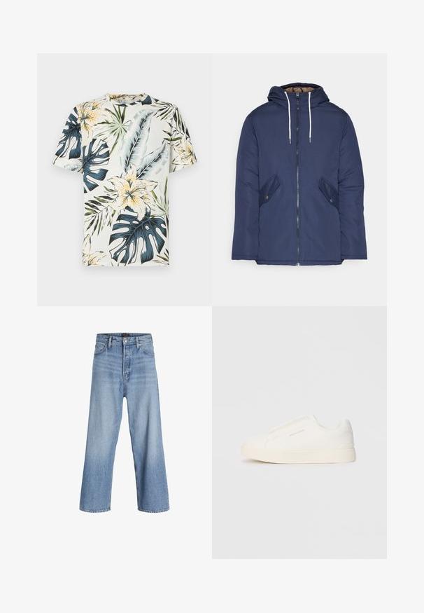 Mørkeblå polstret jakke med hætte, fremhævet af en frontlynlås, to sidelommer med knapper og hvide snore.; Kortærmet t-shirt i let stof med et tropisk blomstermotiv og bladprint i grøn, blå og gul på en cremefarvet baggrund.; Lyseblå denim bukser med brede ben og høj talje, med knaplukning, fem lommer og et subtilt slidtegn. Ren kantfinish.; Hvide slip-on sneakers med en struktureret overflade, en tyk sål og et minimalistisk design. Har brandlogoet på siden.