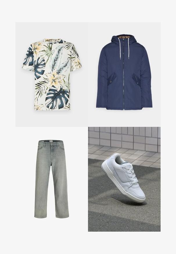 Jūrinė mėlyna pūkinė striukė su kapišonu, turinti priekinį užtrauktuką, dvi šonines kišenes su sagomis ir baltus raiščius.; Trumpas rankovės marškinėliai iš lengvos medžiagos, papuošti tropinių gėlių ir lapų raštu, žaliame, mėlyname ir geltoname fone, ant kremiško pagrindo.; Šviesiai pilkos, laisvai krentančios džinsinės kelnės. Turi klasikinį penkių kišenių dizainą, diržo kilpas ir tiesius kojų siluetus.; Baltos odinės sportinės bateliai su perforuotais šonais, tekstūruotais akcentais, plokščiomis raištelėmis ir kontrastingu pilku kulnu. Yra šiek tiek pakelti padas.