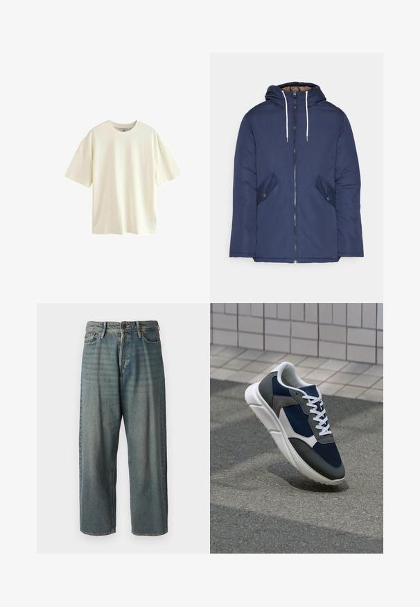 Jūrinė mėlyna pūkinė striukė su kapišonu, turinti priekinį užtrauktuką, dvi šonines kišenes su sagomis ir baltus raiščius.; Trumpas rankovės marškinėliai iš kreminės spalvos medvilnės, su apvaliu kaklu ir laisvu siluetu, švelnios tekstūros, be jokių matomų raštų ar akcentų.; Šviesiai mėlyni džinsai su laisvu siluetu, vidutinio aukščio juosmeniu ir tiesiomis kojomis. Su penkiais kišenėmis, diržo kilpo ir mygtukų uždarymu.; Sportiniai bateliai su tamsiai mėlynu tinkliniu viršumi, pilkais zomšiniais akcentais, balta guma padanga ir plokščiomis baltomis raištelėmis, sukurti komfortui ir oro pralaidumui.