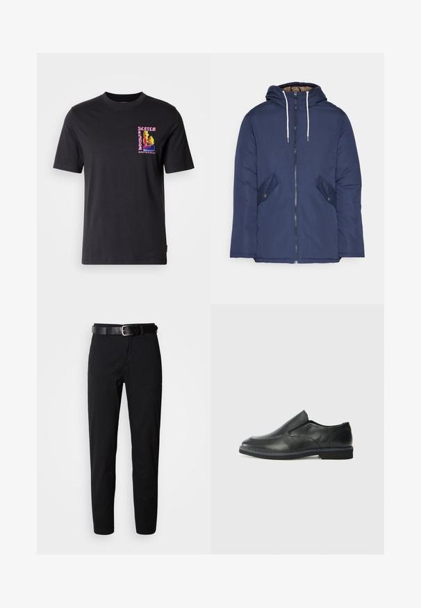 Námornícky modrá vystužená bunda s kapucňou, so zipsom vpredu, dvomi bočnými vreckami s gombíkmi a bielymi šnúrkami.; Čierne tričko s krátkym rukávom, ktoré má farebnú vyšívanú grafiku na ľavej hrudi s nápisom "Scotch Amsterdam". Mäkko bavlnené.; Čierne nohavice so stright strihom, s hladkou štruktúrou a čiernym koženým opaskom so striebornou prackou. Jednoduchý dizajn, bez vzorov alebo akcentov.; Čierny kožený nazúvací topánka s hladkým zvrškom, prešitými akcentmi, zaoblenou špičkou a nízkym gumovým podpätkom. Podošva má minimálny dezén.