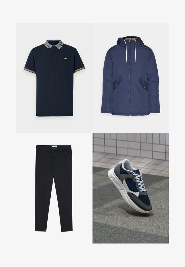 Námornícky modrá vystužená bunda s kapucňou, so zipsom vpredu, dvomi bočnými vreckami s gombíkmi a bielymi šnúrkami.; Námornícky modré polo tričko vyrobené z bavlny, so golierom so šedým lemovaním, oranžovými akcentami a zapínaním na tri gombíky. Vyšitý logo 1962.; Čierne nohavice so strihom rovného nohu, vyrobené z bavlnenej tkaniny. Obsahujú dve predné vrecká a zapínanie na gombík v pase.; Tenisky s sieťovinou v námorníckej modrej farbe, so sivými semišovými detailmi, bielou gumovou podrážkou a plochými bielymi šnúrkami, navrhnuté pre pohodlie a priedušnosť.