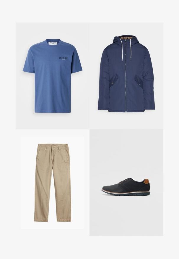 Jūras zila pufīgā jaka ar kapuci, kas aprīkota ar priekšējo rāvējslēdzēju, divām sānu kabatām ar pogām un baltiem aukliņām.; Zila kokvilnas T-kreklu ar klasisku apaļu kaklu. Uz kreisā krūšu daļa ir mazs melns teksta prints "ANTICO BAR". Īsas piedurknes, brīva piegriezuma.; Beigās taisnās kājas chinos bikses ar jostas cilpām, priekšējo pogu un rāvējslēdzēja aizdari, kā arī slīpām priekšējām kabatām.; Melni sintētiskie apavi ar struktūru augšdaļā, gludu akcentu, brūnu papēdi un kontrastējošu zoli. Iezīmē minimālu šņorēšanu un šuvju detaļas.