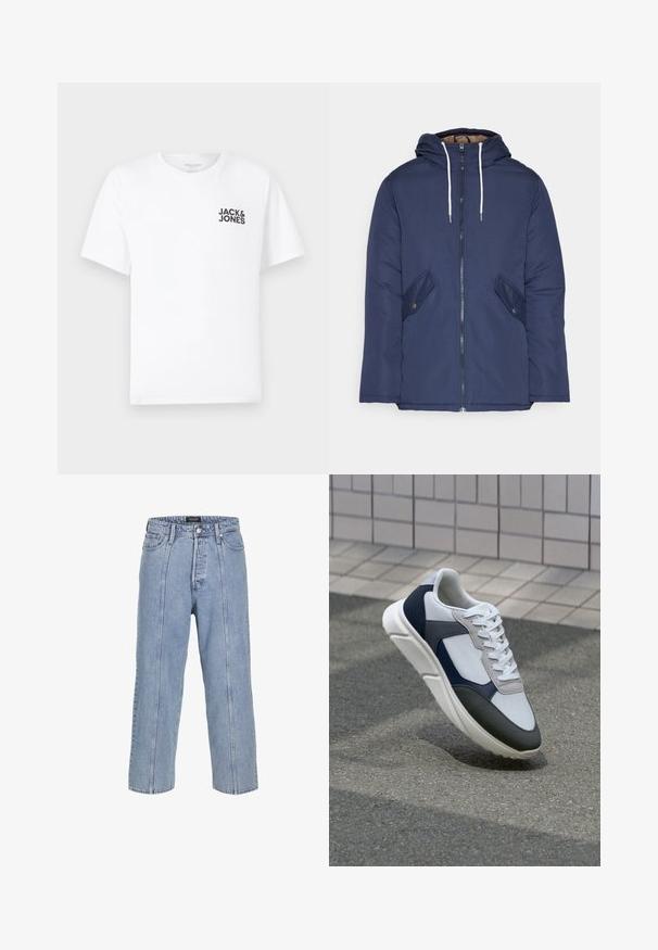 Marineblau gepadded Jacke mit Kapuze, ausgestattet mit einem Reißverschluss vorne, zwei seitlichen Taschen mit Knöpfen und weißen Kordeln.; Weißes Baumwoll-T-Shirt mit kurzen Ärmeln und Rundhalsausschnitt. Enthält ein schwarzes Textlogo "JACK & JONES" auf der linken Brustseite. Einfaches, schlichtes Design.; Hellblaue Denim-Jeans mit lockerer Passform, weitem Bein und sichtbaren Stickdetails. Mit Knopf- und Reißverschluss, fünf Taschen.; Weißer, marineblauer und grauer Sneaker mit einem Materialmix-Design, das ein strukturiertes Obermaterial, flache Schnürsenkel und eine gepolsterte Sohle aufweist.